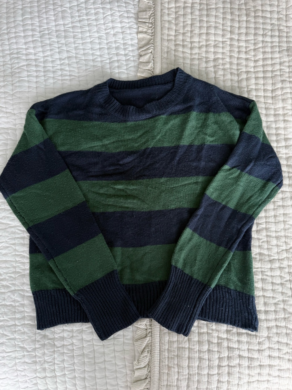 Green and Navy Striped Crewneck Sweater